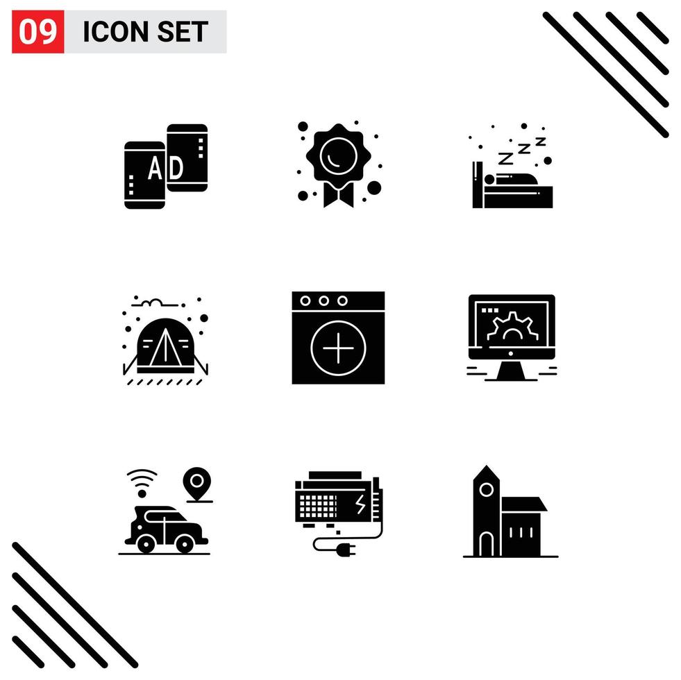 pittogramma impostato di 9 semplice solido glifi di nuovo App notte giungla campeggio modificabile vettore design elementi