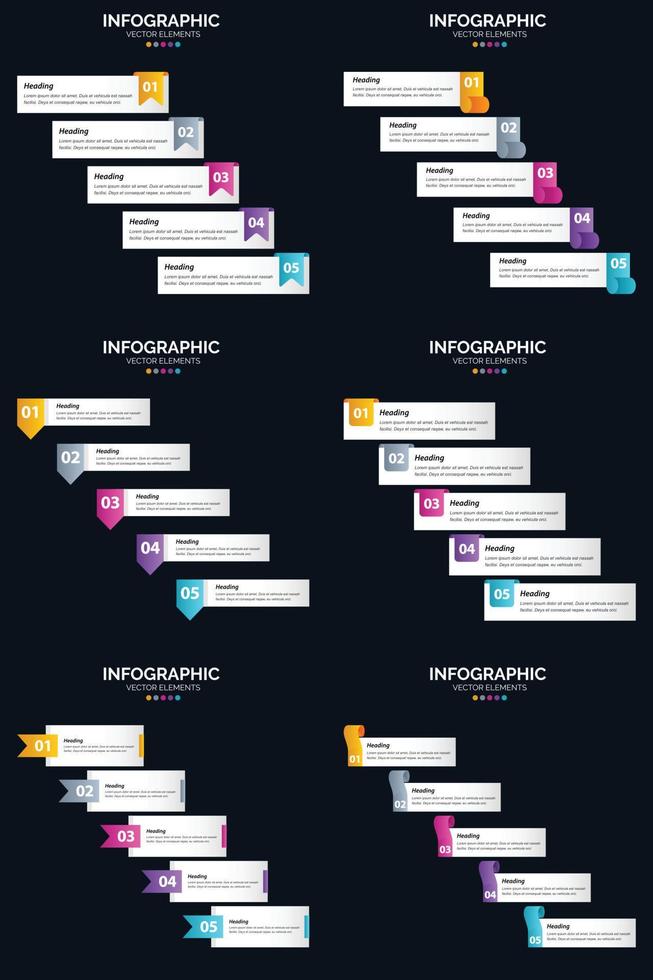 vettore 6 infografica imballare presentazione diapositiva modello 5 passaggi ciclo diagrammi e linea del tempo