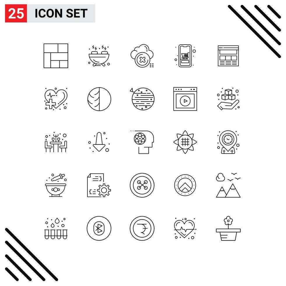 universale icona simboli gruppo di 25 moderno Linee di pagina in linea vicino shopping dispositivo modificabile vettore design elementi