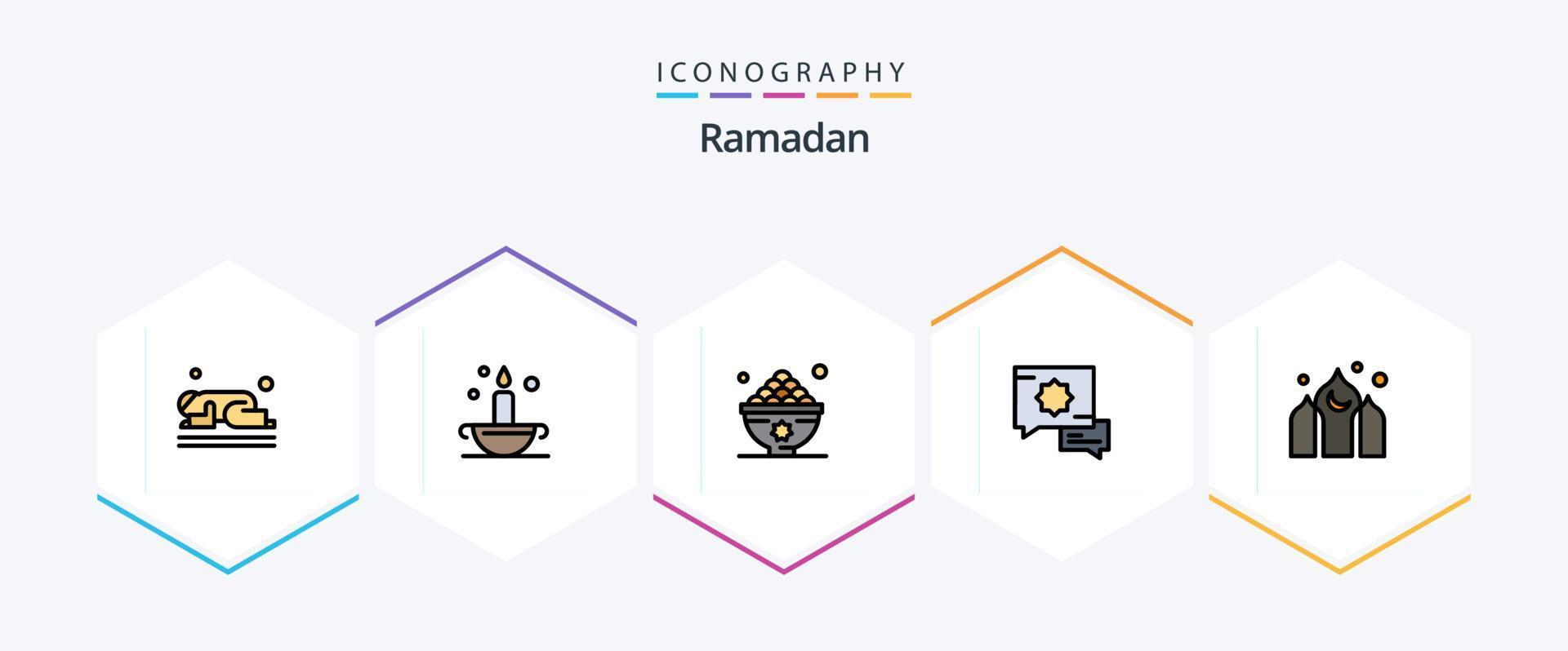 Ramadan 25 riga piena icona imballare Compreso architettura. preghiera. lampada. islamico. pranzo vettore