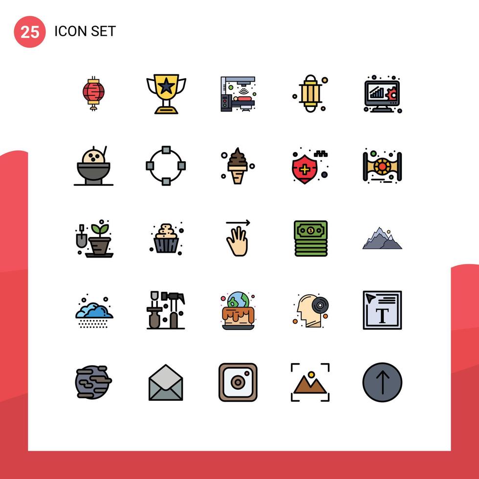 25 pieno linea piatto colore concetto per siti web mobile e applicazioni analisi leggero trofeo lanterna scanner modificabile vettore design elementi