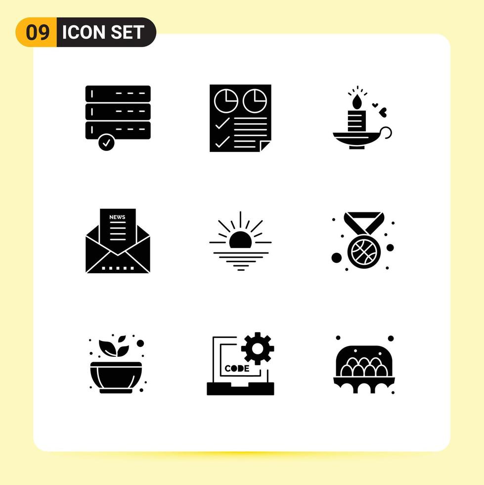 9 solido glifo concetto per siti web mobile e applicazioni leggero notiziario candela Messaggio Busta e-mail modificabile vettore design elementi