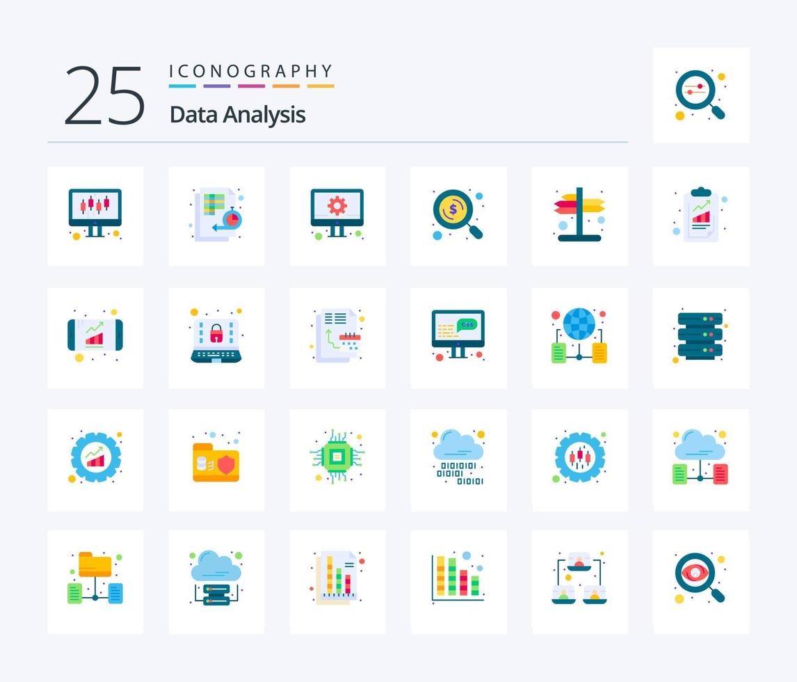 dati analisi 25 piatto colore icona imballare Compreso indicatore. ricerca. sequenza temporale. i soldi. ambientazione vettore