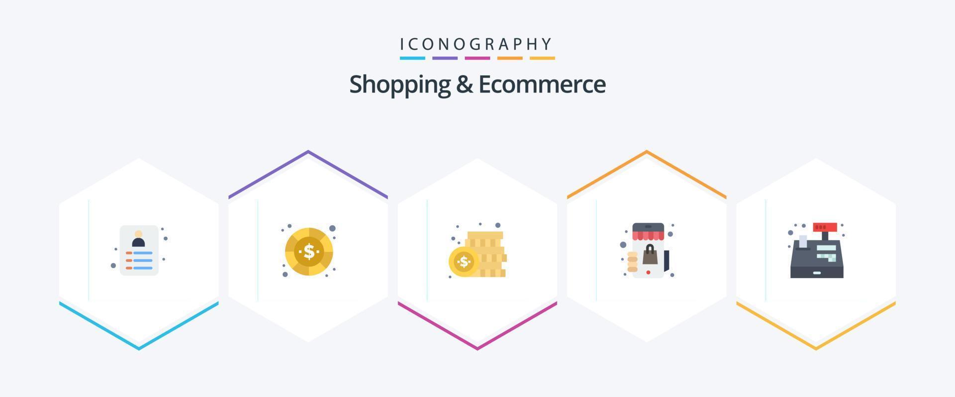 shopping e e-commerce 25 piatto icona imballare Compreso . acquisti. mercato. Registrati. denaro contante vettore