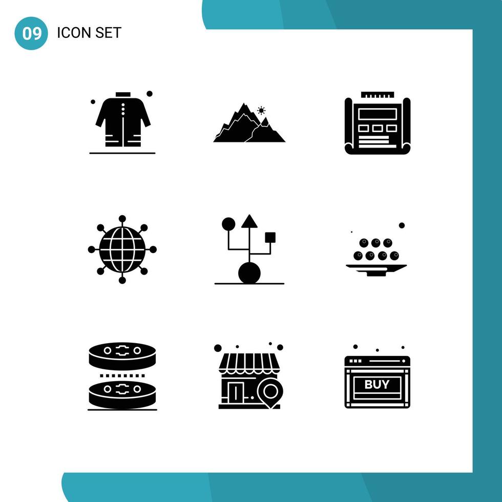 moderno impostato di 9 solido glifi pittogramma di globale attività commerciale natura disposizione sviluppo modificabile vettore design elementi