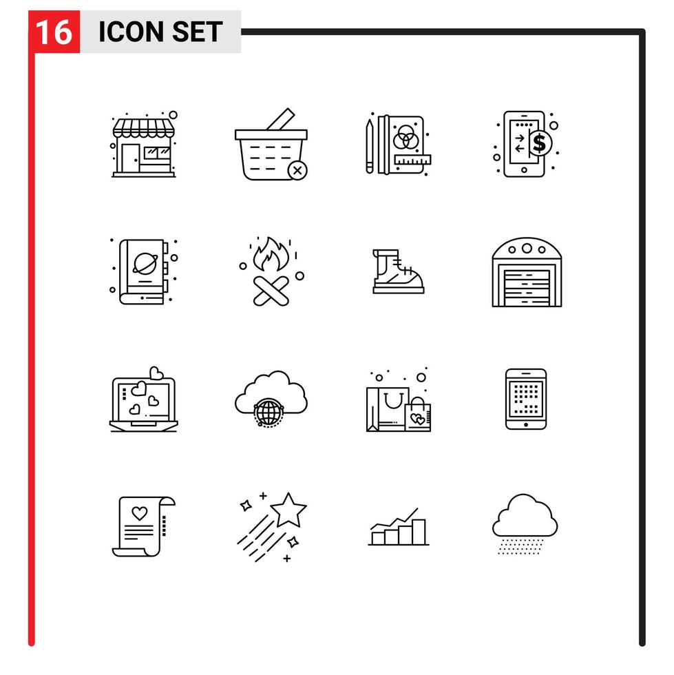 moderno impostato di 16 lineamenti pittogramma di scienza finzione processi libro finanza modificabile vettore design elementi