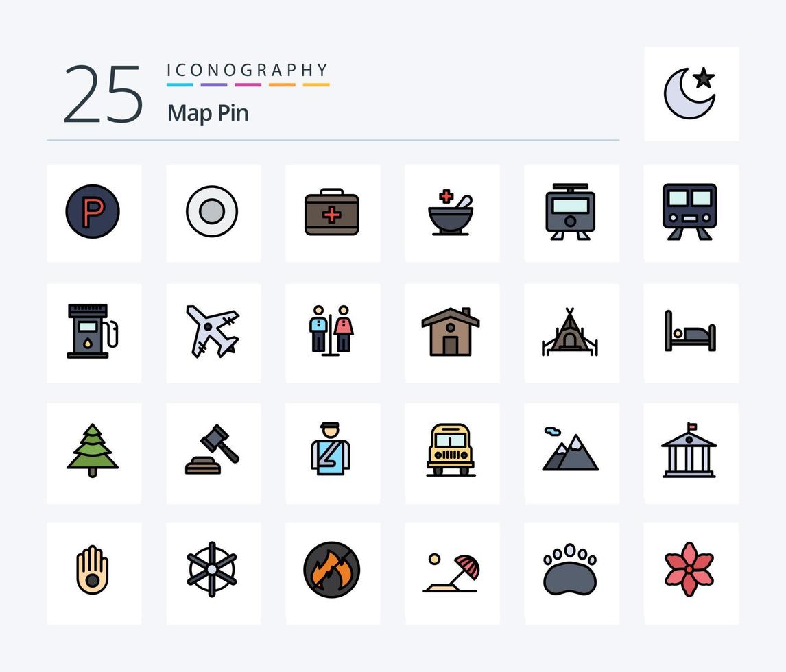 carta geografica perno 25 linea pieno icona imballare Compreso gas stazione. treno. cura. metropolitana. mappe vettore
