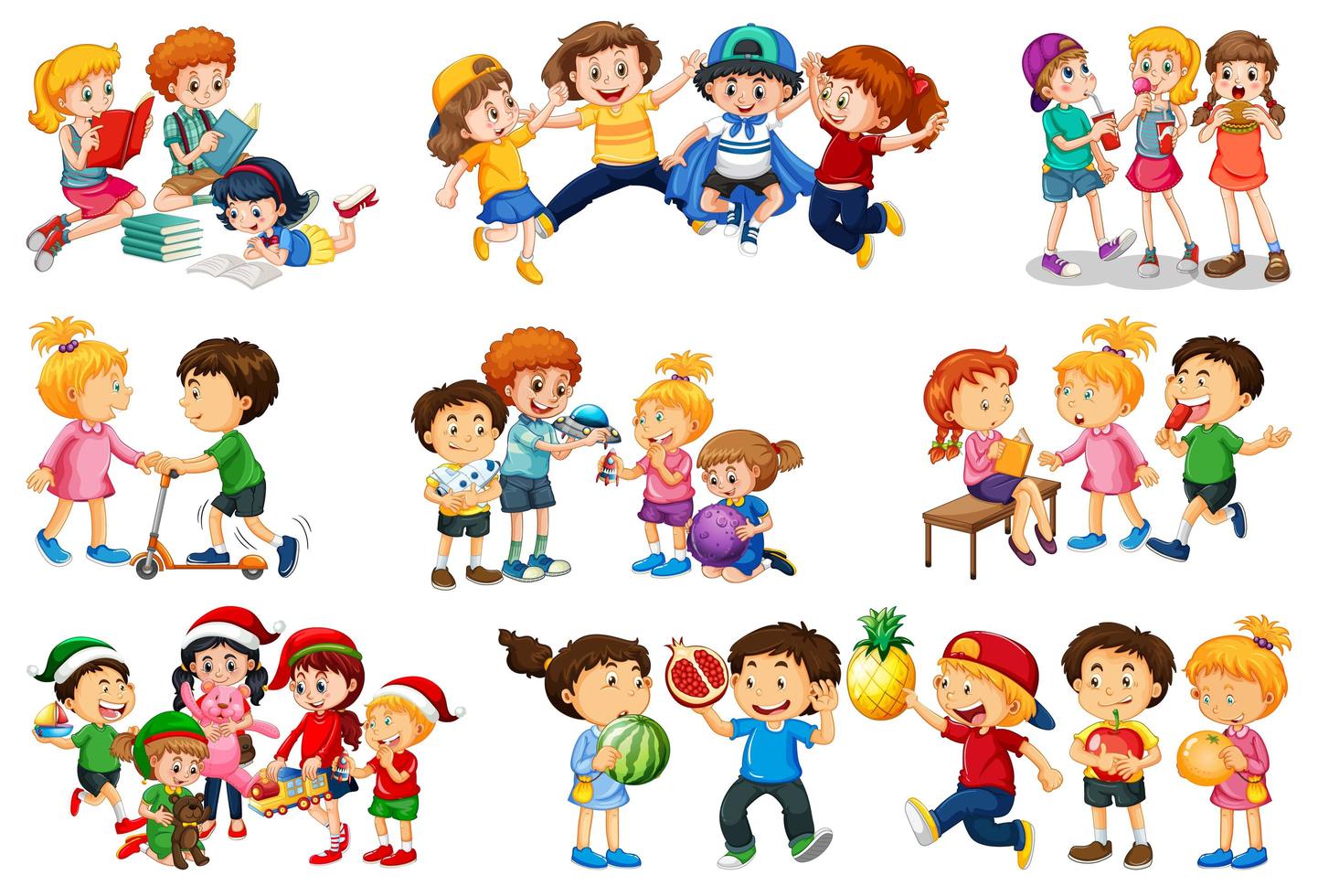 set di diversi bambini che giocano con i loro giocattoli personaggio dei cartoni animati isolato su sfondo bianco vettore