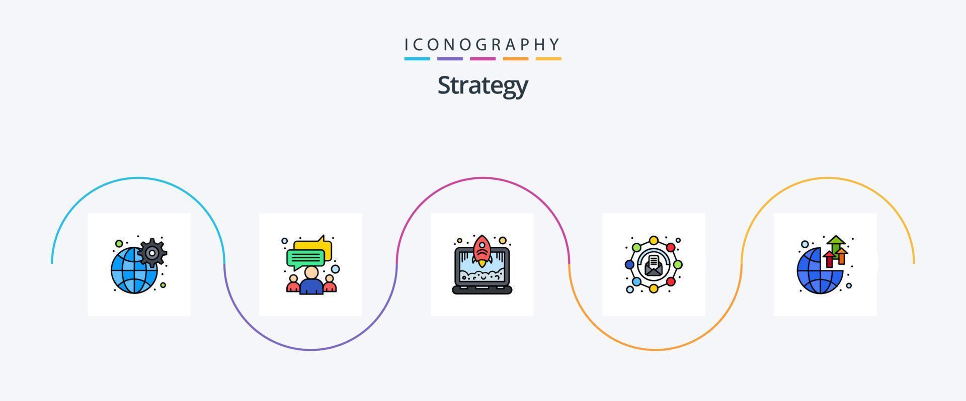 strategia linea pieno piatto 5 icona imballare Compreso mondo. globale. il computer portatile. Messaggio. e-mail vettore