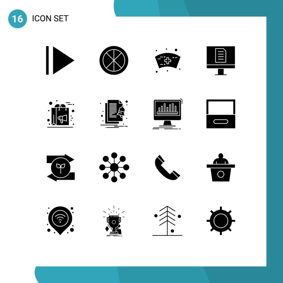 16 solido glifo concetto per siti web mobile e applicazioni mettere in guardia shopping infermiera marketing Borsa modificabile vettore design elementi