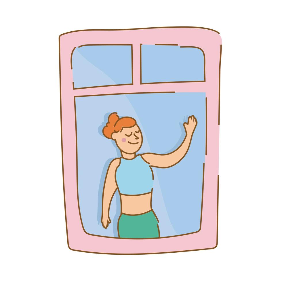 donna saluto nella finestra dell'appartamento per lo stile di forma libera di quarantena vettore