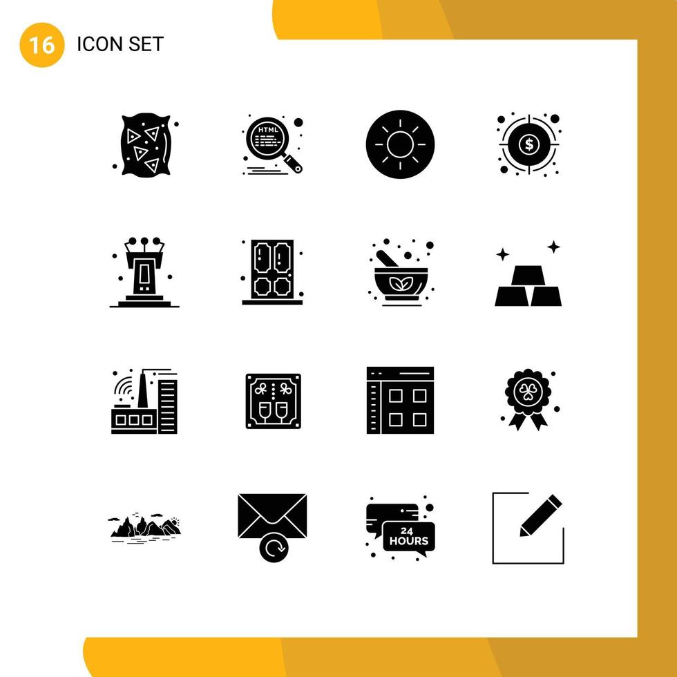 universale icona simboli gruppo di 16 moderno solido glifi di discorso piedistallo luminosità bersaglio fondo modificabile vettore design elementi