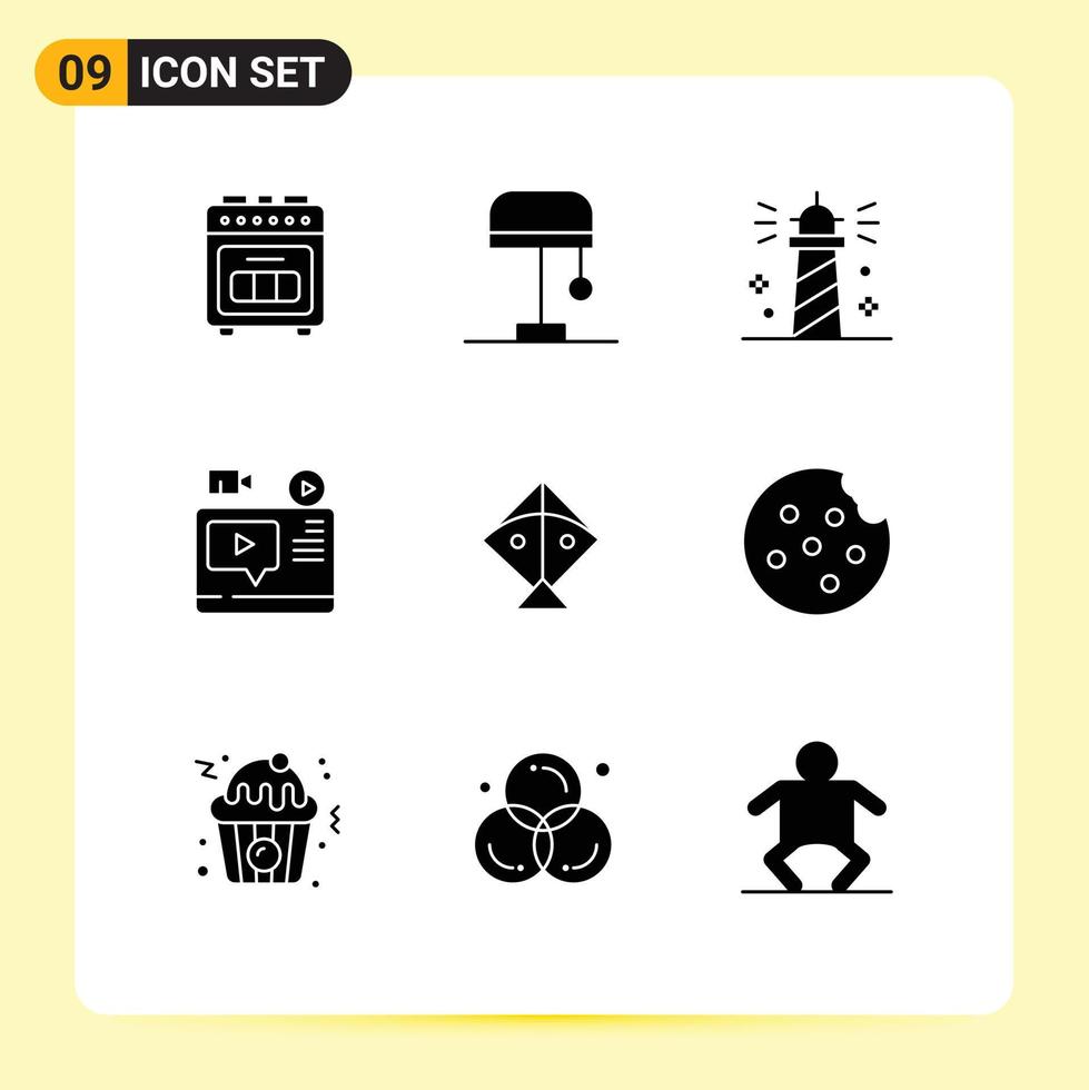9 solido glifo concetto per siti web mobile e applicazioni aquilone Youtube faro blog video modificabile vettore design elementi