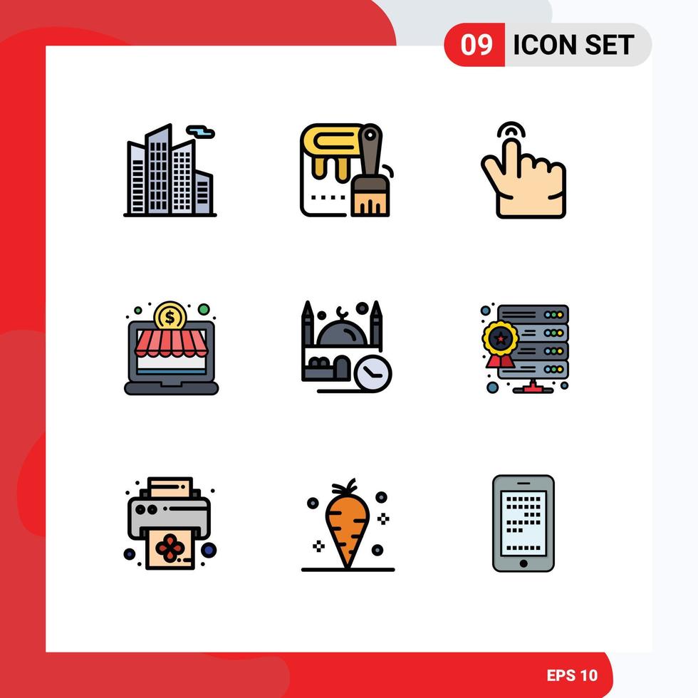 mobile interfaccia riga piena piatto colore impostato di 9 pittogrammi di namaz Masjid gesto moschea i soldi modificabile vettore design elementi