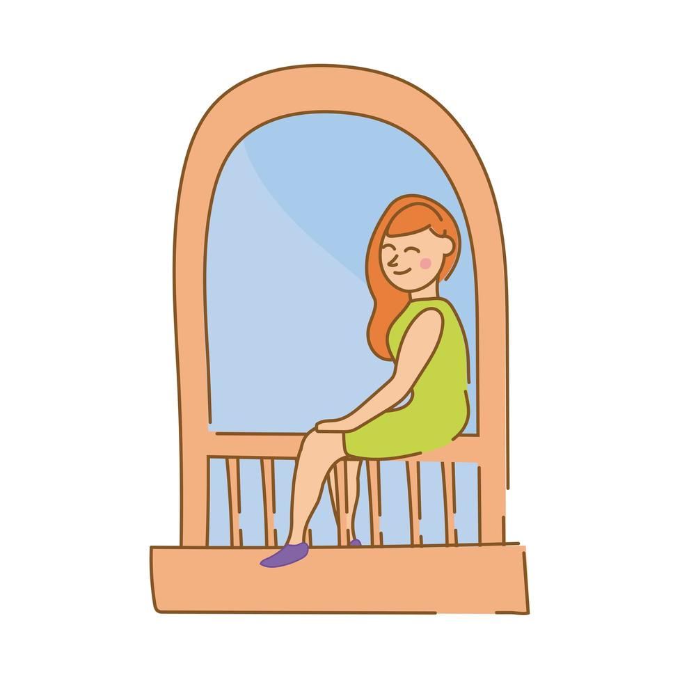 donna seduta nella finestra dell'appartamento per lo stile di forma libera di quarantena vettore