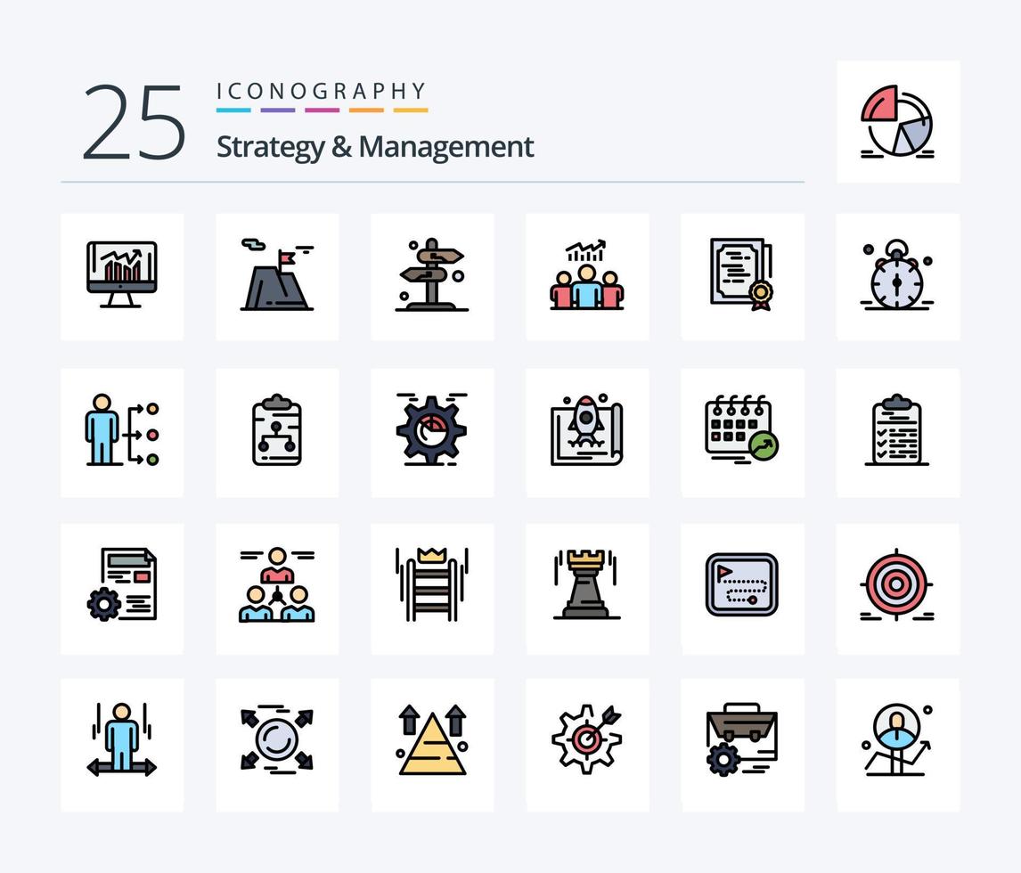 strategia e gestione 25 linea pieno icona imballare Compreso squadra. gruppo. risultato. freccia. cartello vettore