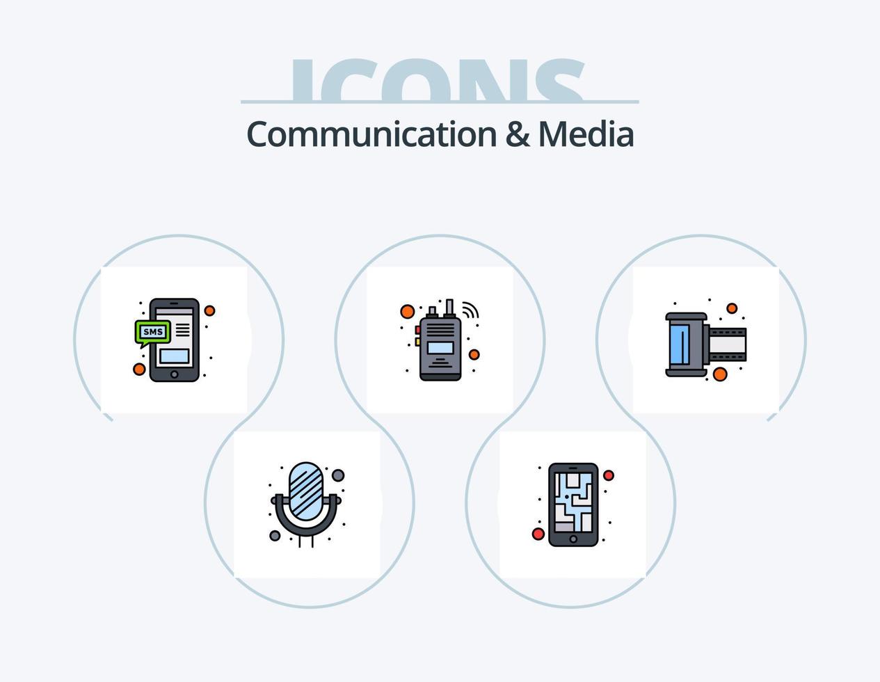 comunicazione e media linea pieno icona imballare 5 icona design. libro. walkie talkie. CD. Radio. comunicazione vettore