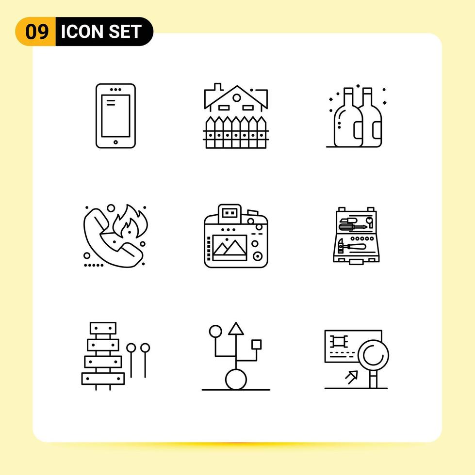 mobile interfaccia schema impostato di 9 pittogrammi di hotline fuoco recinto emergenza estate modificabile vettore design elementi