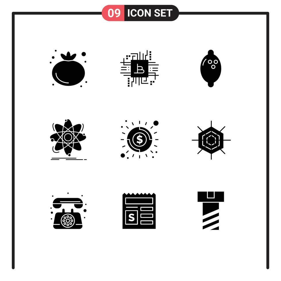 mobile interfaccia solido glifo impostato di 9 pittogrammi di economia nucleare cibo fisica scienza modificabile vettore design elementi