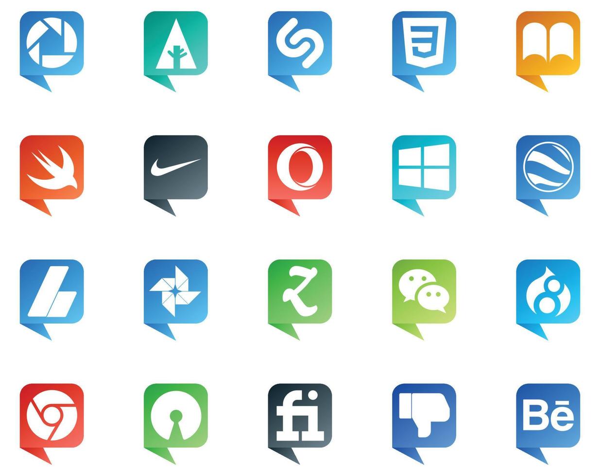 20 sociale media discorso bolla stile logo piace cromo messaggero finestre wechat foto vettore
