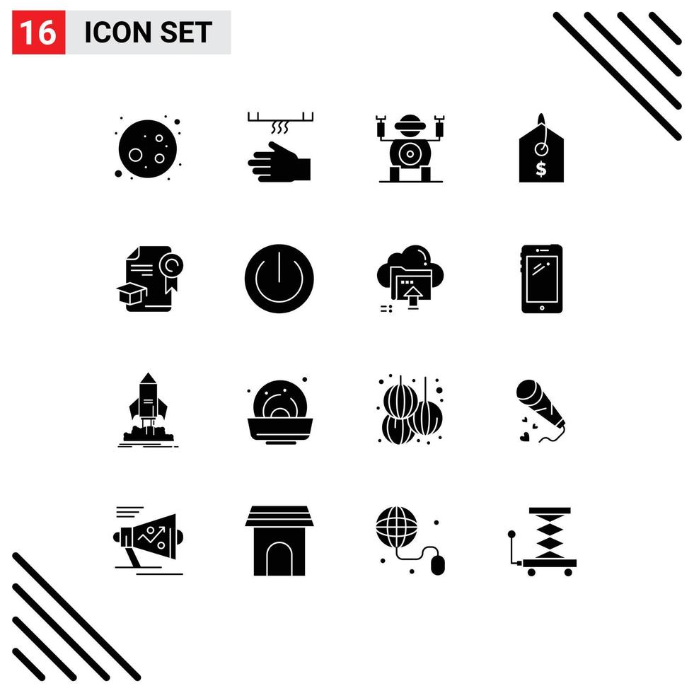 universale icona simboli gruppo di 16 moderno solido glifi di premio formazione scolastica robot berretto Prodotto modificabile vettore design elementi