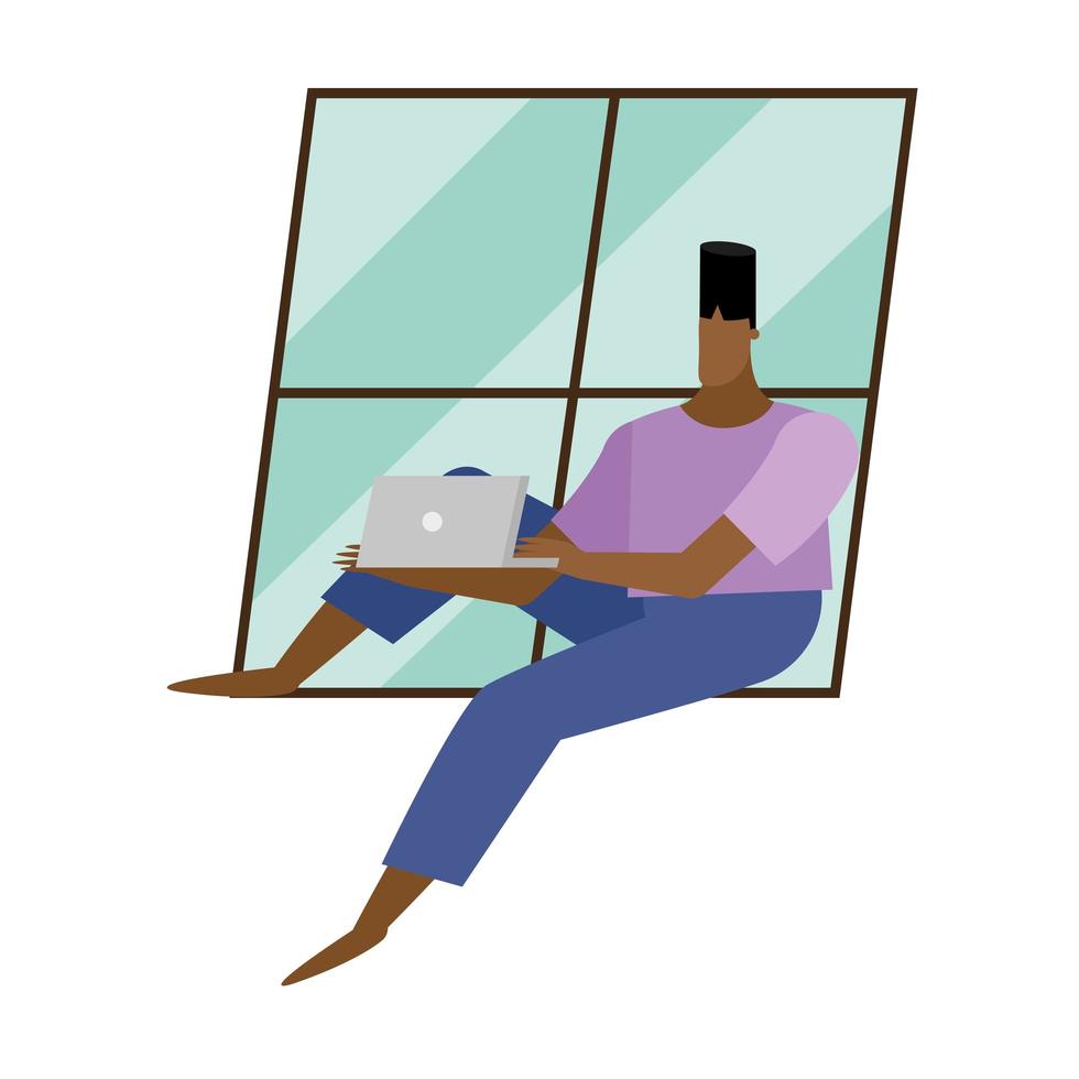 uomo con il computer portatile sul disegno vettoriale della finestra di casa
