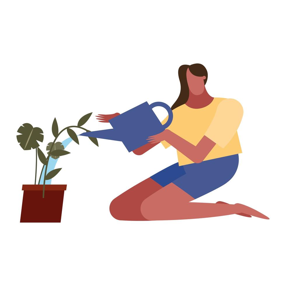 donna con piante e annaffiatoio disegno vettoriale