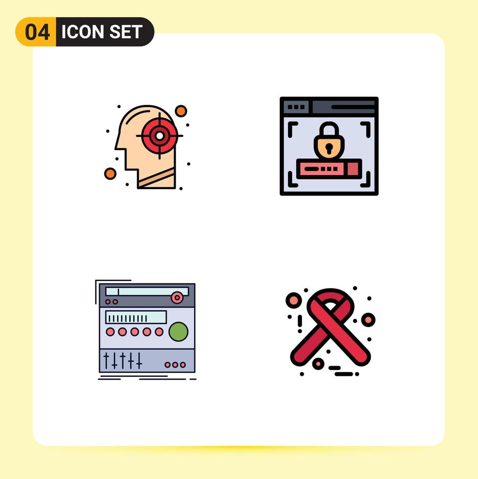 4 riga piena piatto colore concetto per siti web mobile e applicazioni obbiettivo componente mente sicurezza suono modificabile vettore design elementi