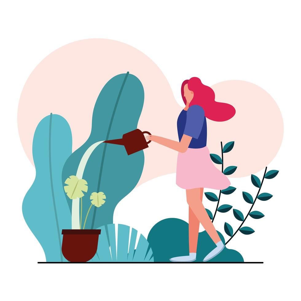 giovane donna che si prende cura delle piante in giardino vettore