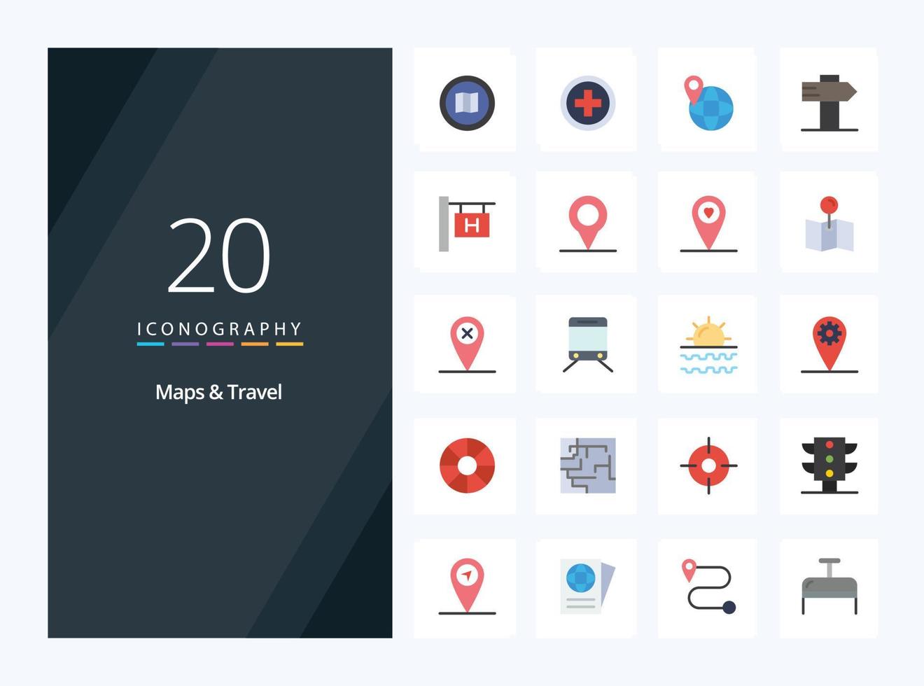 20 mappe viaggio piatto colore icona per presentazione vettore