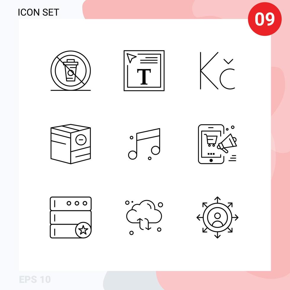 impostato di 9 vettore lineamenti su griglia per Audio meno font e scatola modificabile vettore design elementi