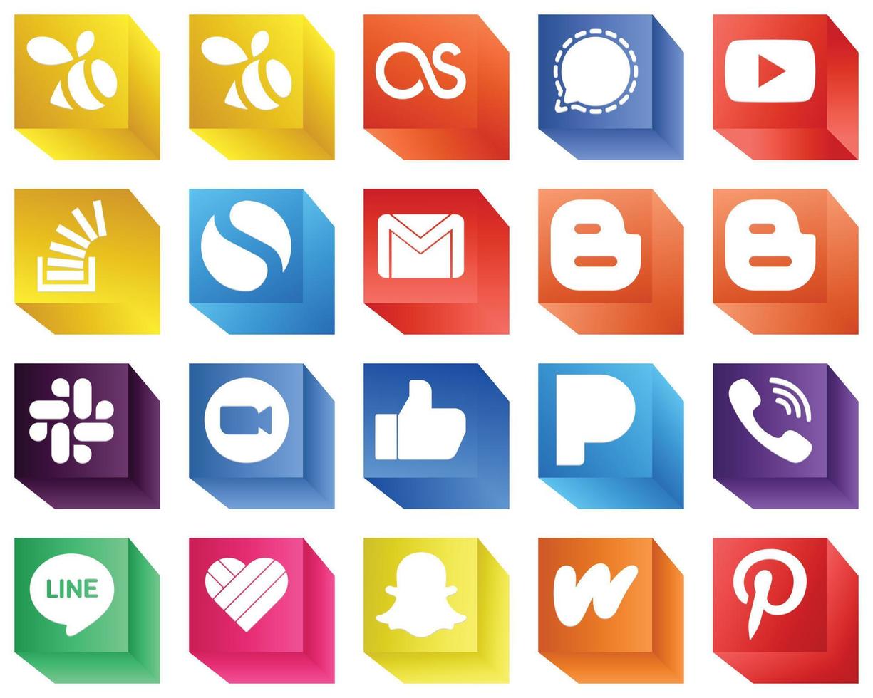 20 3d icone di maggiore sociale media piattaforme come come lento. blogger. domanda. posta e gmail icone. creativo e alta risoluzione vettore