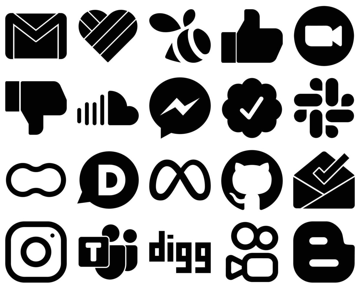 20 professionale nero solido sociale media icone come come Facebook. musica. video. suono e Facebook icone. alta risoluzione e completamente personalizzabile vettore