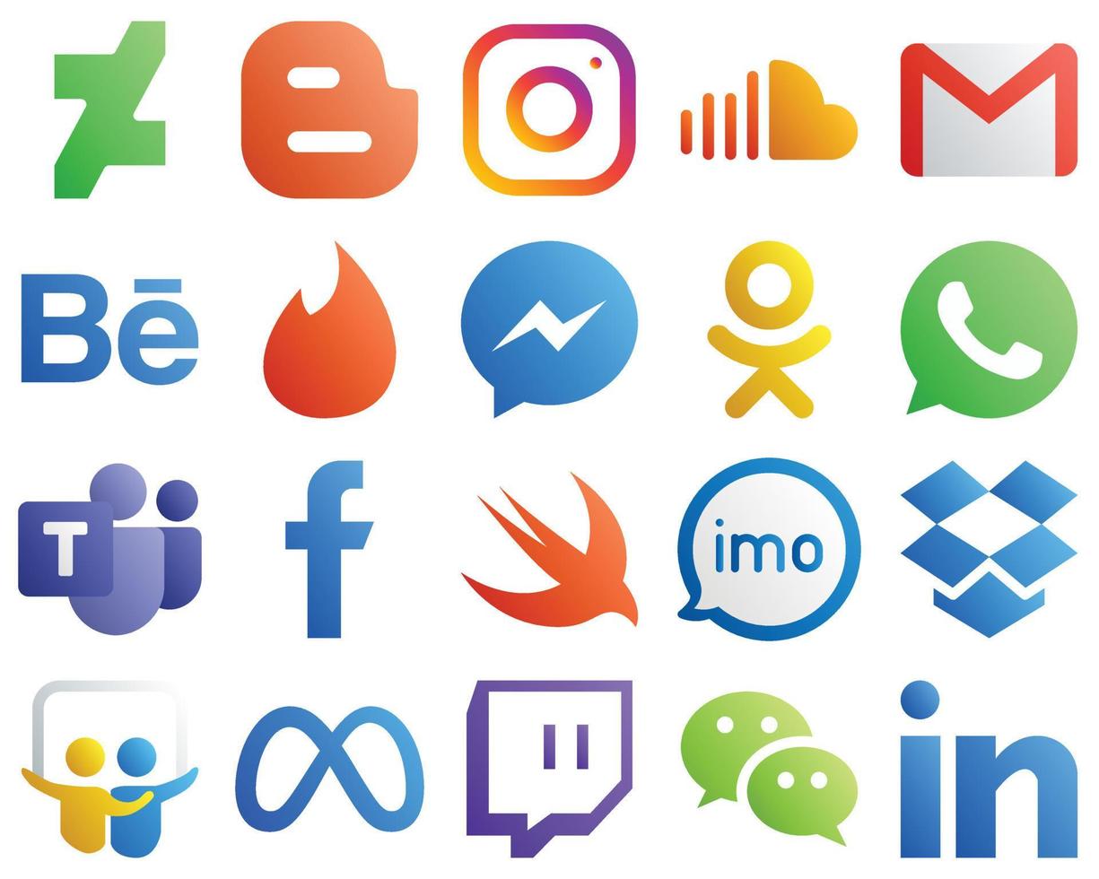 pendenza icone di superiore sociale media 20 imballare come come odnoklassniki. Facebook. musica. messaggero e Behance icone. versatile e professionale vettore