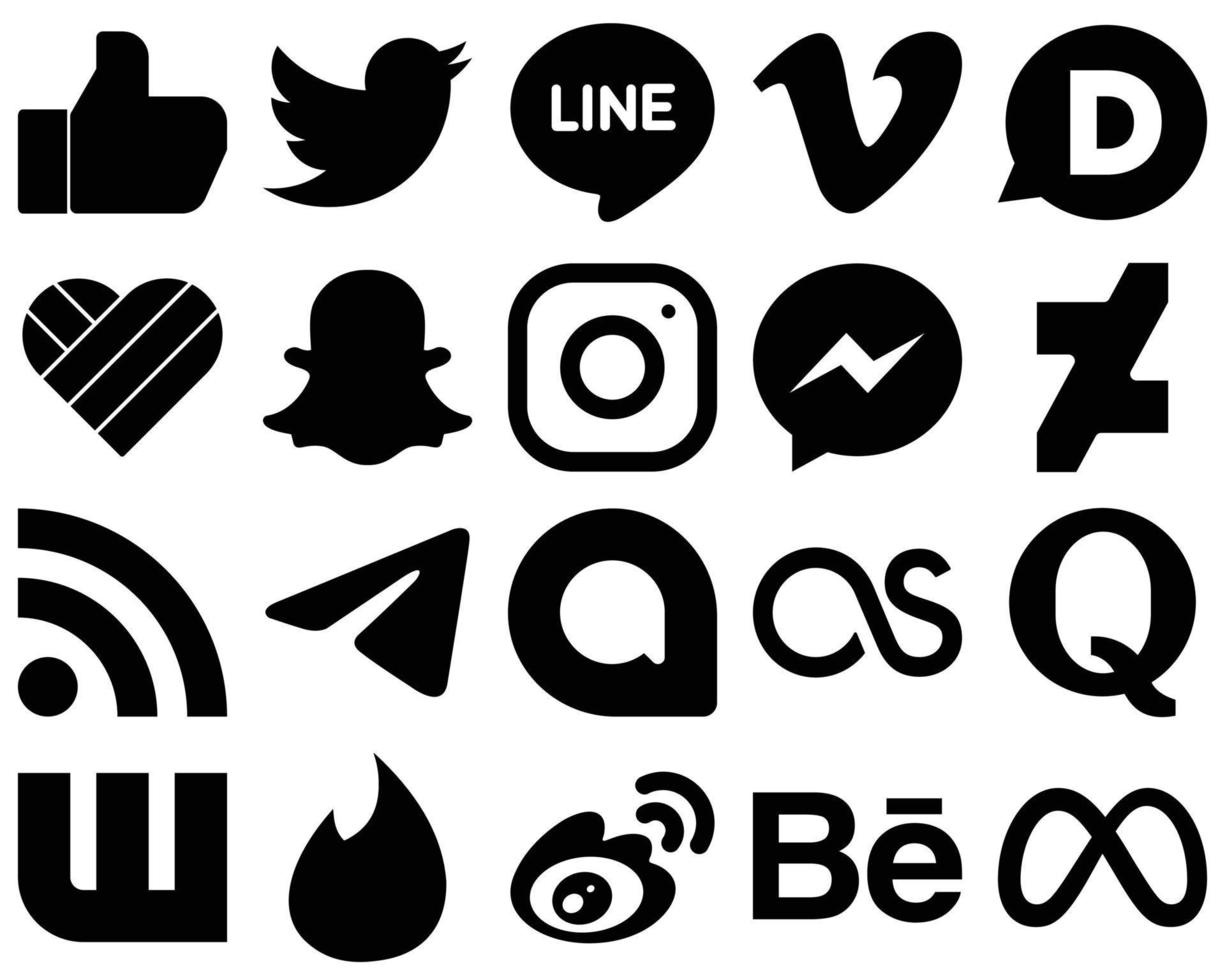 20 moderno nero solido sociale media icona impostato come come RSS. fb. mi piace e Facebook icone. personalizzabile e unico vettore
