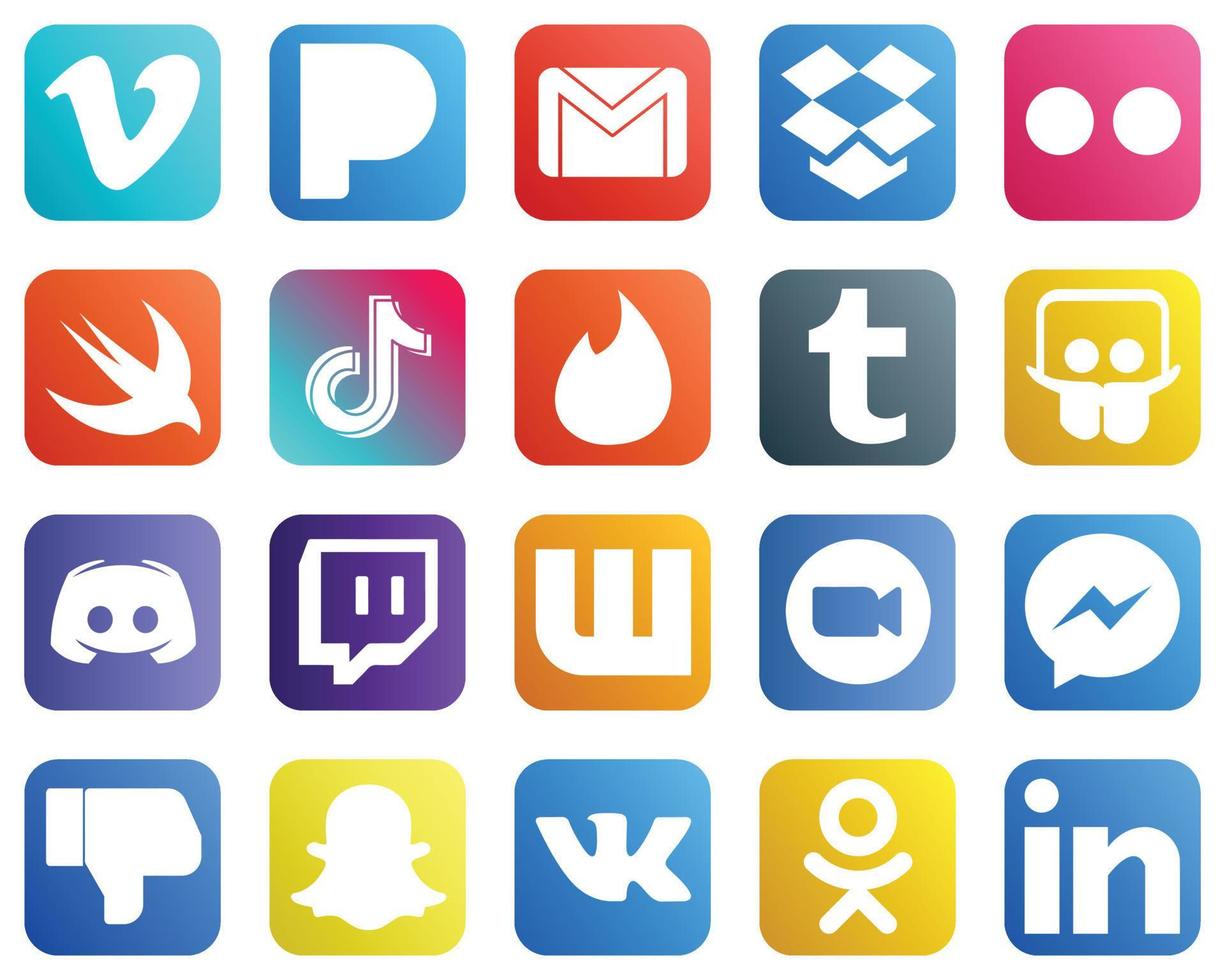 20 moderno sociale media icone come come slideshare. Tinder. yahoo e video icone. creativo e occhio attraente vettore