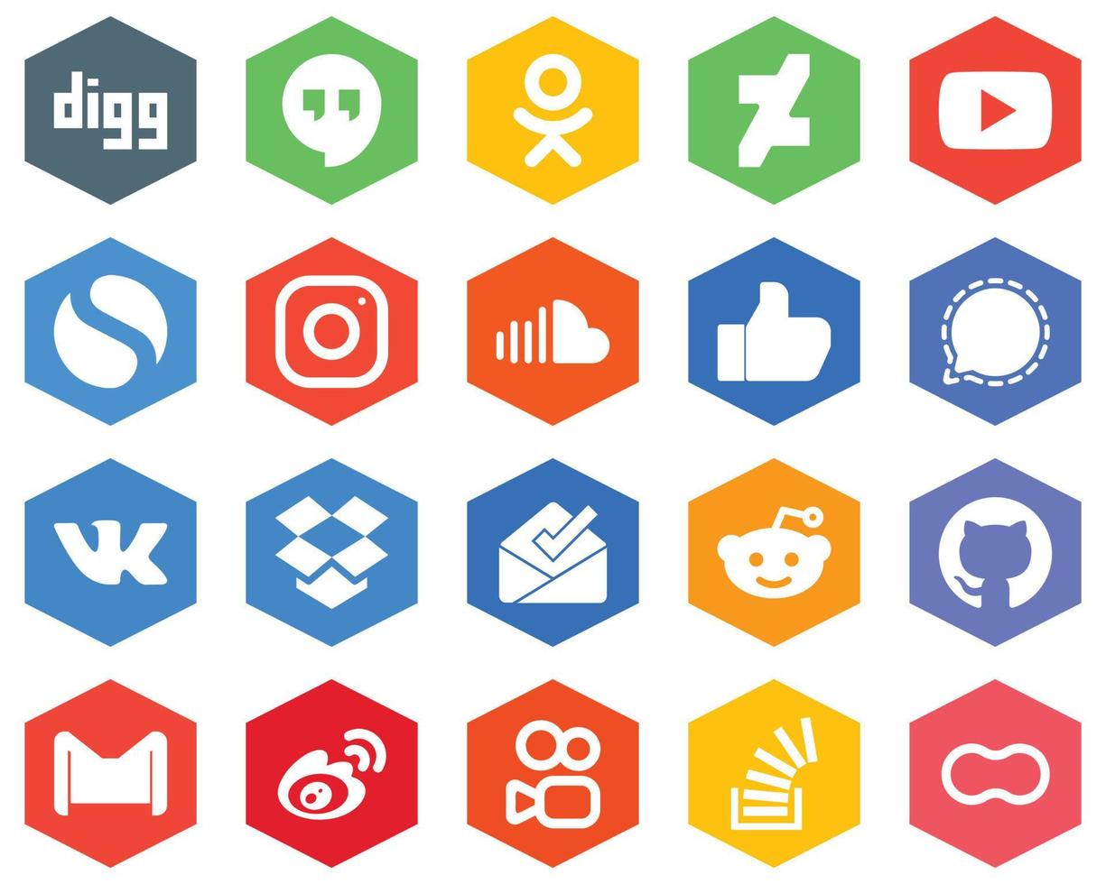 20 elegante bianca icone segnale. meta. Facebook e musica esagono piatto colore sfondi vettore