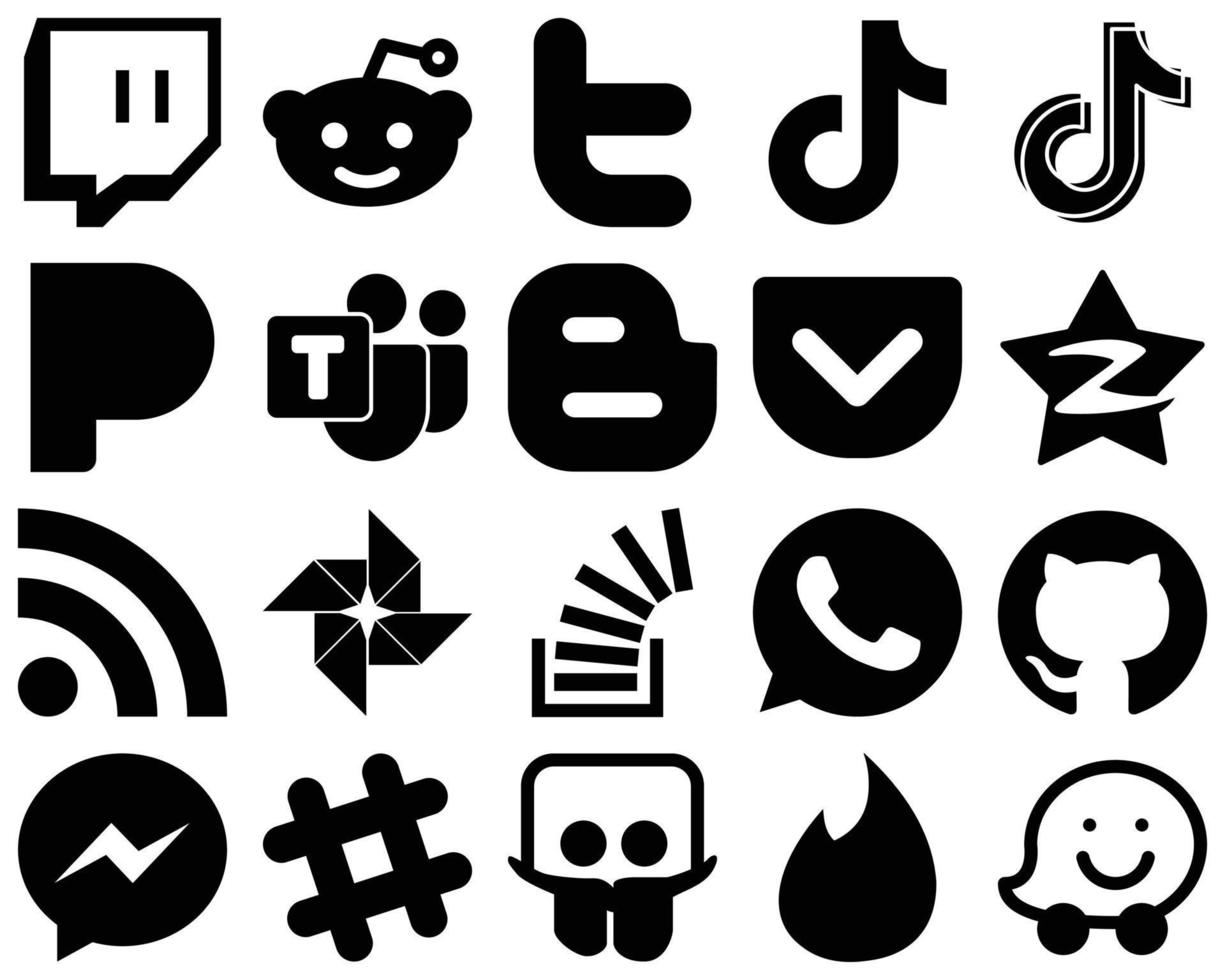20 versatile nero solido glifo icone come come qzone. tasca e blogger icone. alta definizione e professionale vettore