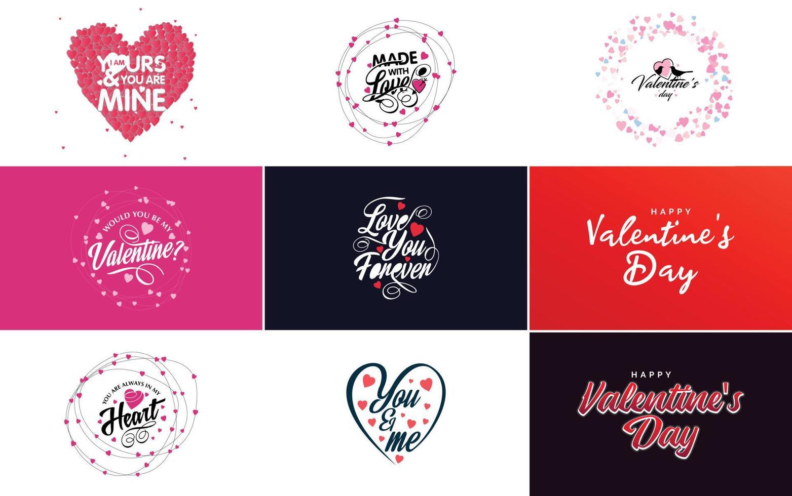 disegnato a mano nero lettering San Valentino giorno e rosa cuori su bianca sfondo vettore illustrazione adatto per uso nel design di carte. striscioni. loghi. volantini. etichette. icone. distintivi. e adesivi