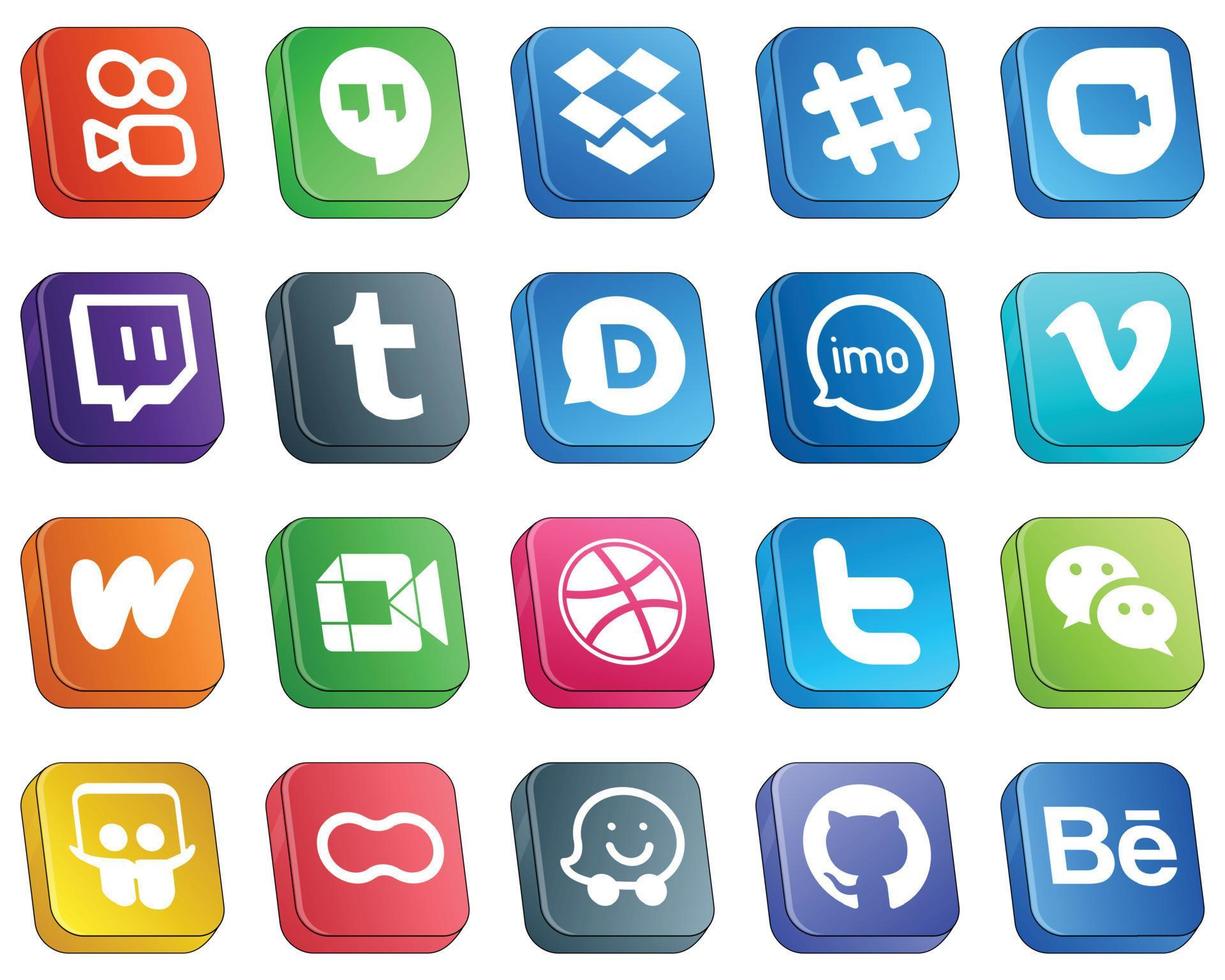 20 semplice isometrico 3d sociale media icone come come video. letteratura. imo. wattpad e vimeo icone. moderno e minimalista vettore