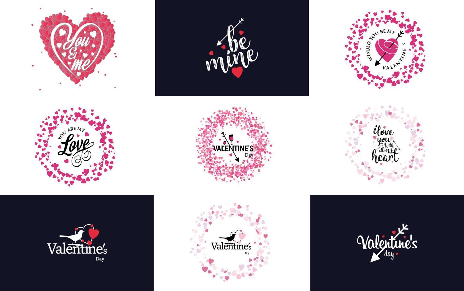 disegnato a mano nero lettering San Valentino giorno e rosa cuori su bianca sfondo vettore illustrazione adatto per uso nel design di carte. striscioni. loghi. volantini. etichette. icone. distintivi. e adesivi