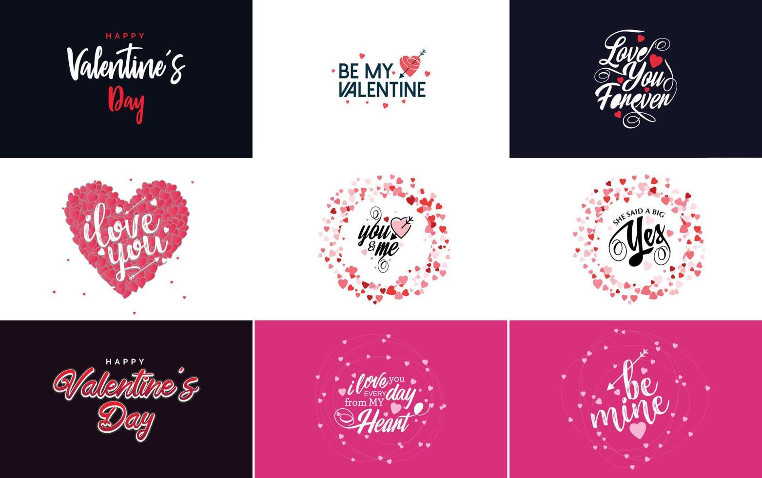 disegnato a mano nero lettering San Valentino giorno e rosa cuori su bianca sfondo vettore illustrazione adatto per uso nel design di carte. striscioni. loghi. volantini. etichette. icone. distintivi. e adesivi