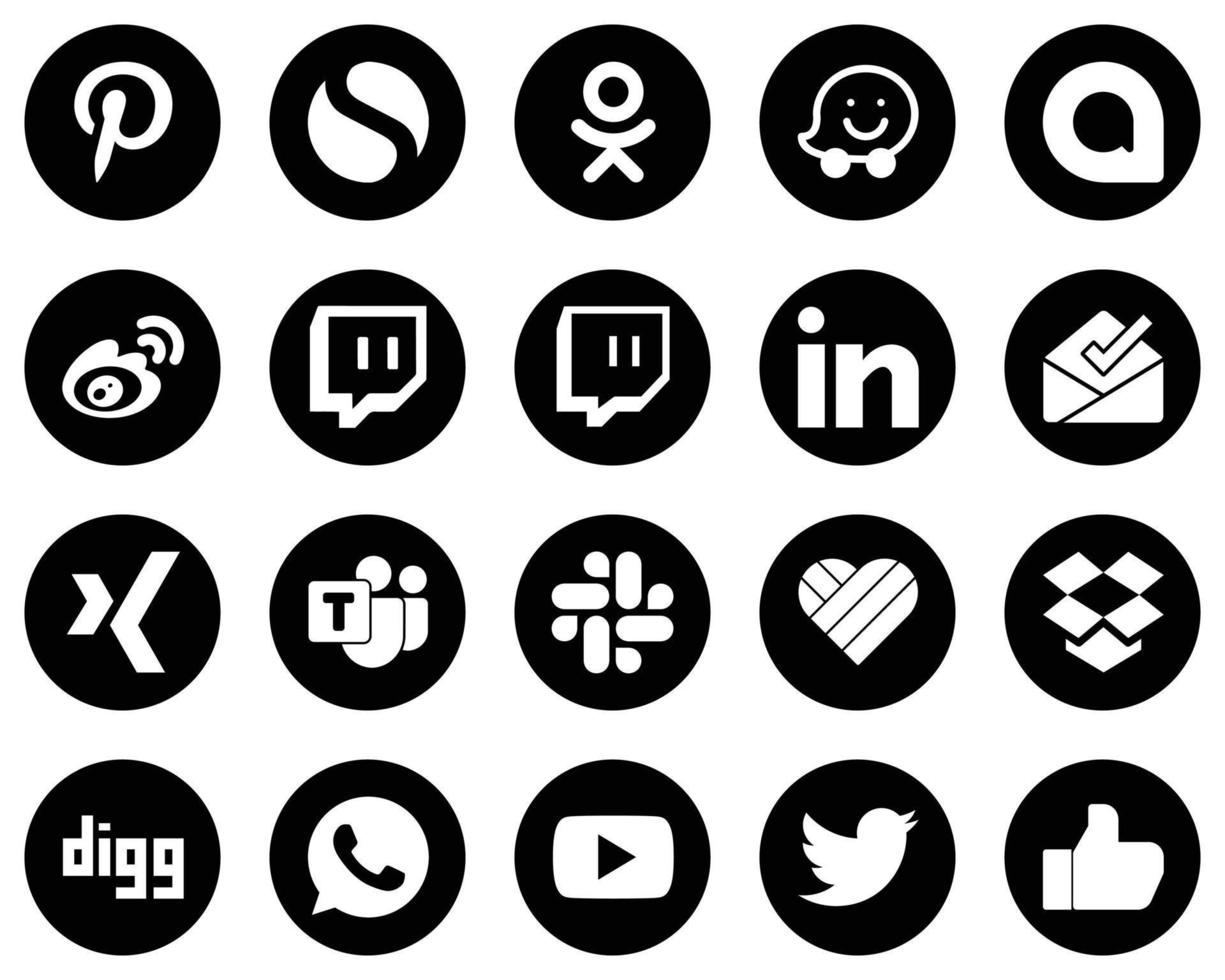 20 innovativo bianca sociale media icone su nero sfondo come come mi piace. microsoft squadra e Posta in arrivo icone. unico e alta definizione vettore