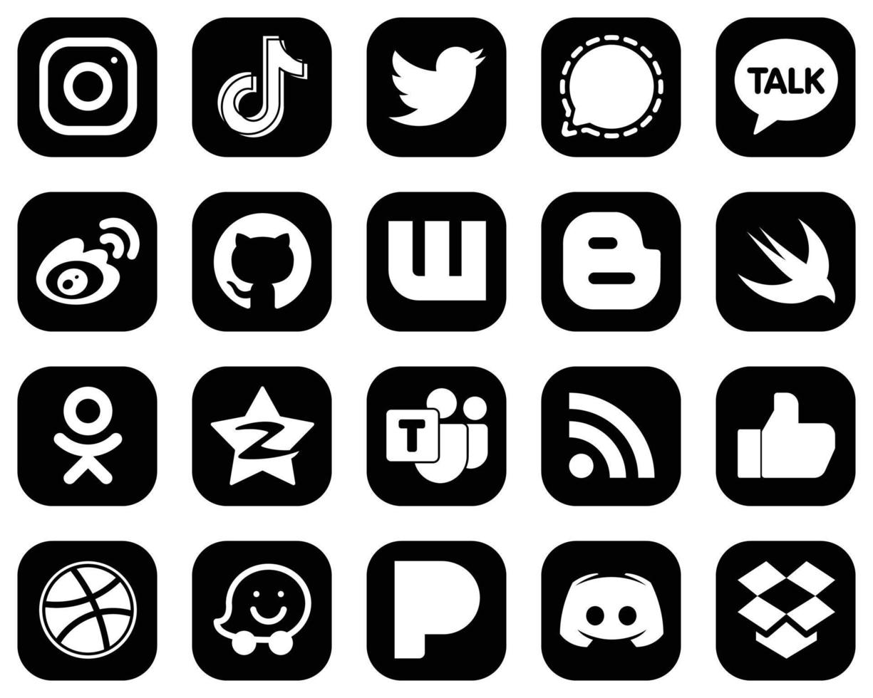 20 alta risoluzione bianca sociale media icone su nero sfondo come come sin. cinguettio e weibo icone. pulito e professionale vettore