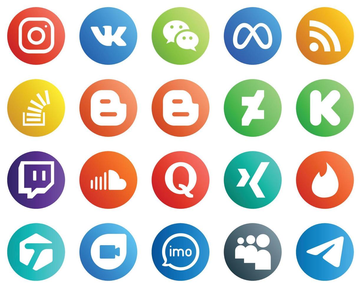20 sociale media icone per il tuo marketing come come kickstarter. blog. RSS. blogger e azione icone. professionale e pulito vettore