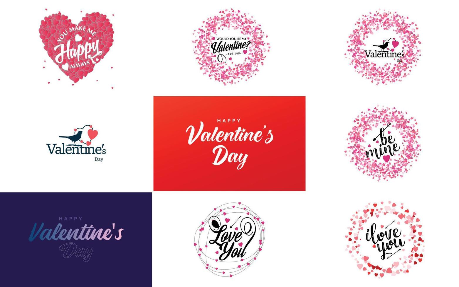 disegnato a mano nero lettering San Valentino giorno e rosa cuori su bianca sfondo vettore illustrazione adatto per uso nel design di carte. striscioni. loghi. volantini. etichette. icone. distintivi. e adesivi