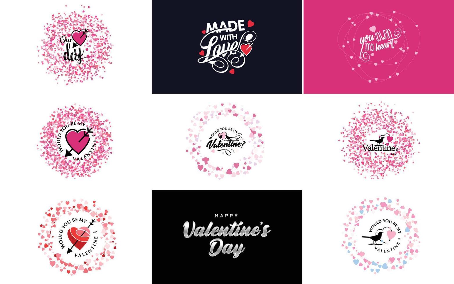 disegnato a mano nero lettering San Valentino giorno e rosa cuori su bianca sfondo vettore illustrazione adatto per uso nel design di carte. striscioni. loghi. volantini. etichette. icone. distintivi. e adesivi