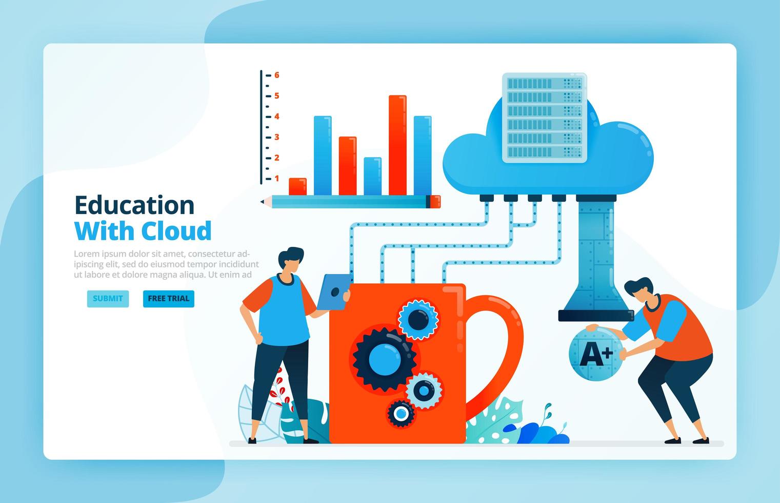 illustrazione vettoriale di attività di apprendimento utilizzando il sistema di cloud computing. tecnologia 4.0 nell'istruzione. backup del database di sistema e grafici dei risultati. progettato per pagine di destinazione, web, app mobili