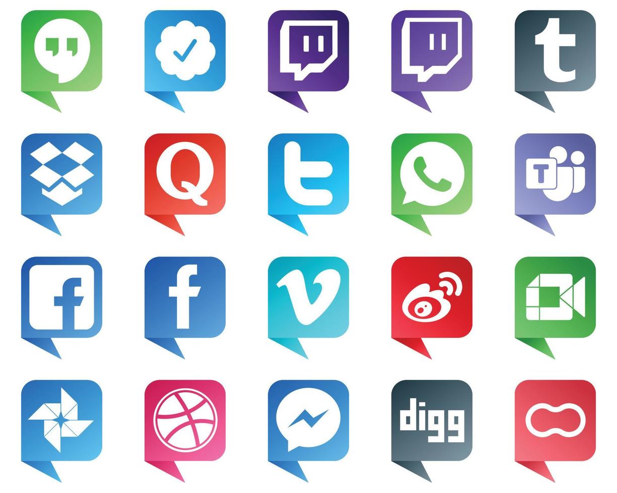 Chiacchierare bolla stile sociale media icone 20 imballare come come weibo. video. Tweet e Facebook icone. alto qualità e minimalista vettore