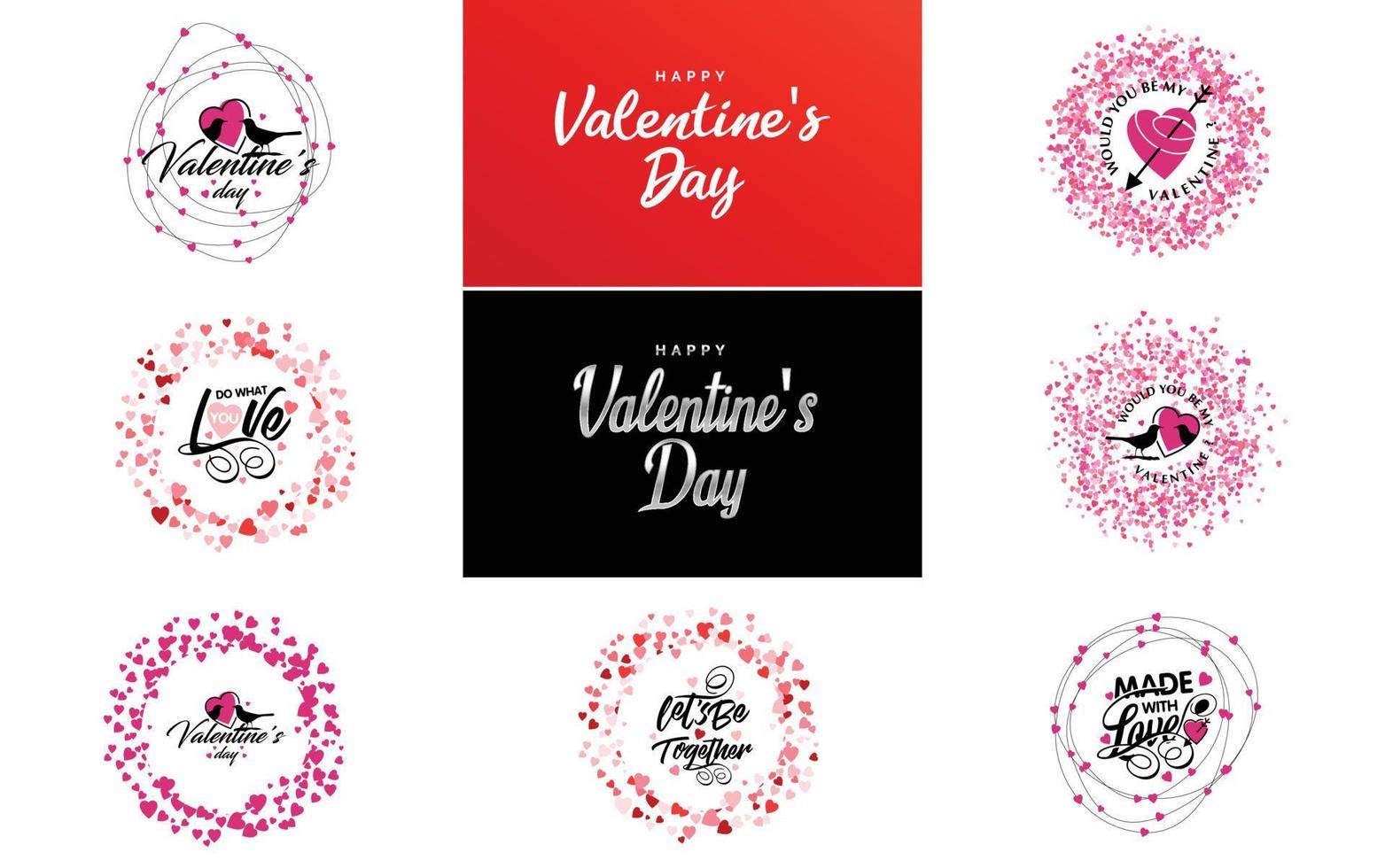 disegnato a mano nero lettering San Valentino giorno e rosa cuori su bianca sfondo vettore illustrazione adatto per uso nel design di carte. striscioni. loghi. volantini. etichette. icone. distintivi. e adesivi